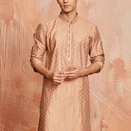 VASTRAMAY Geometric Printed Mandarin Collar Jacquard Silk Straight Kurta-image-14
