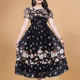 MISS CLOTHING Women Floral Printed Tie-Up Neck Puff Sleeve Layered Fit-Flare Midi Dress-image-93