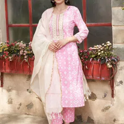Sangria Pink Printed Gotta Patti Work Pure Cotton Straight Kurta With Trousers And Dupatta-picture-49