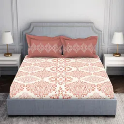 SPACES Coral & White Floral Cotton 144 TC Queen Bedsheet with 2 Pillow Covers-image-6