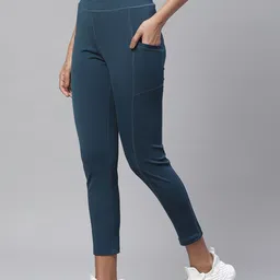 CHKOKKO Women Teal Blue Solid Yoga Stretchable Cropped Gym Tights-image-95