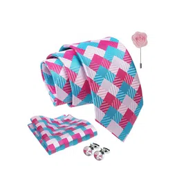 AXLON Men Geometric Design Tie Set With Pocket Square-Cufflink & Flower Pin image 3