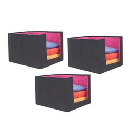 prettykrafts Set Of 3 Black & Pink Printed Foldable Shirt Stacker Wardrobe Organizers-17