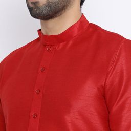 NAMASKAR Men Red Dupion Silk Kurta with Churidar image 4