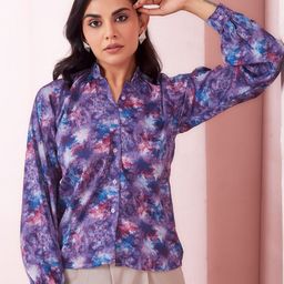 ASILYN Tie and Dye Print Mandarin Collar Satin Shirt Style Top-image-66