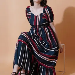 Moda Rapido Striped Puff Sleeve Crepe Fit & Flare Midi Dress-image-63