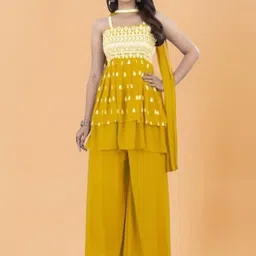 PARROT CREATION Women Embroidered Regular Sequinned Kurti with Sharara & With Dupatta-54