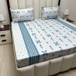 Pure Decor Blue And White Ethnic Motifs Printed 400 TC Queen Bedsheet Set 2.28 m x 2.54 m-image-3