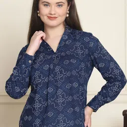 Moda Rapido Geometric Print Cuffed Sleeves Lapel Collar Organic Cotton Shirt Style Top-image-6