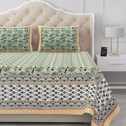 BELLA CASA Sea Green & White Floral 180 TC King Bedsheet with 2 Pillow Covers-image-35