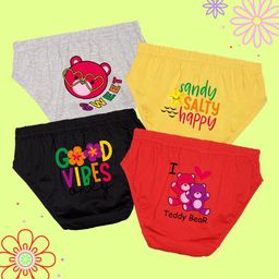 NUSYL Girl Pack Of 4 Bear & Good Vibes Text Printed Pure Cotton Basic Briefs NUGCBRFPO4.0-image-41