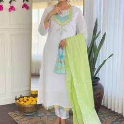 KOTRONS Floral Yoke Design Thread Work Straight Kurta With Trouser And Dupatta-13
