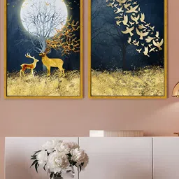 Art Street Blue & Gold-Toned 2 Pieces Reindeers Printed Canvas Wall Paintings-image-40