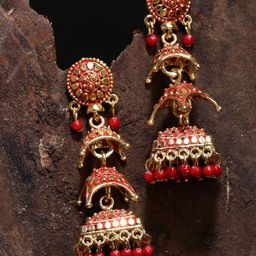 ANIKAS CREATION Gold Plated Beaded Dome Shaped Enamelled Jhumkas-image-74