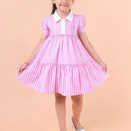 PINK MERMAID Girls Striped Shirt Collar Cotton Fit & Flare Dress-image-84