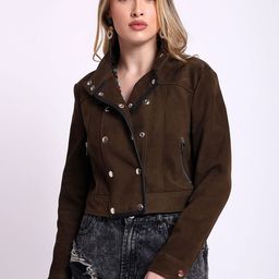 Saint G Women Spread Collar Solid Leather Casual Biker Jacket-56