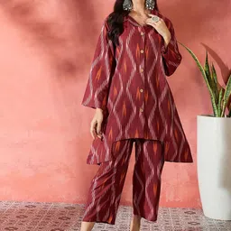 Sangria Printed Pure Cotton Shirt Collar Neck Tunic & Trousers Co-Ords-picture-53