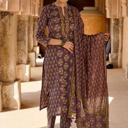 WOMEN PLUS Women Ethnic Motifs Embroidered Cotton Kurta with Pyjama & Dupatta-image-31