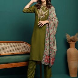 BANDIA Women Floral Yoke Design Regular Thread Work Kurta with Trousers & With Dupatta-image-23