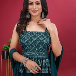 PARROT CREATION Floral Embroidered Sequinned Kurti With Sharara And Dupatta image 3
