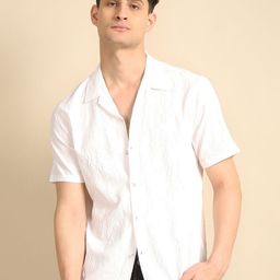 Voroxy Men Relaxed Cuban Collar Textured Polycotton Casual Shirt-image-98