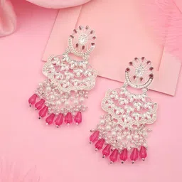Brado Jewellery Silver-Plated Kundan Studded & Pearls Beaded Contemporary Drop Earrings-53