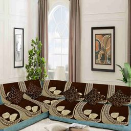 SAWNA HOMES Brown & Beige 12 Pieces Floral Printed Velvet L Shape 6-Seater Sofa Covers-55