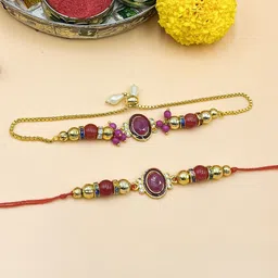 Sangria Kundan Studded & Beaded Bhaiya Bhabhi Rakhis With Roli Chawal-image-60