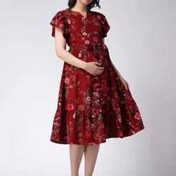 Moms Maternity Floral Print Flutter Sleeve Crepe Maternity Fit & Flare Midi Dress-picture-18