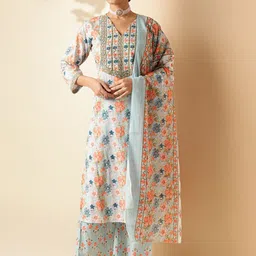GULMEHAK Women Floral Printed Regular Sequinned Pure Cotton Kurta with Palazzos & Dupatta-picture-7