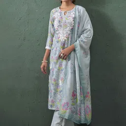 Anouk Blue & Pink Floral Embroidered Keyhole Neck Straight Kurta With Trouser-35