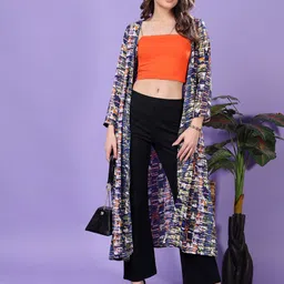 Moda Rapido Abstract Printed Long Sleeves Open Front Georgette Longline Shrug-4