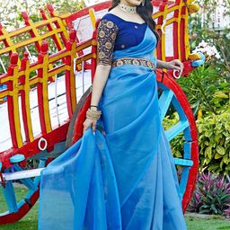 K 5 Fashion Solid Embroidered Detail Organza Belted Sarees Saree-image-54