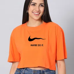 Besick Typography Printed Round Neck Drop-Shoulder Sleeves Cotton Oversized Crop T-shirt-image-67