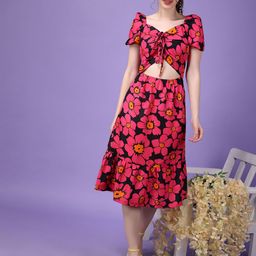 Popwings Women Floral Print Cut Out Fit & Flare Midi Dress-image-24