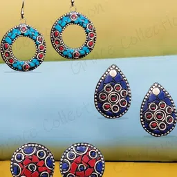 Grace Collections Women Pack of 3 Blue & Red Copper Earrings-picture-10