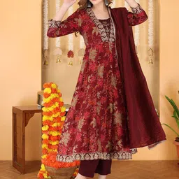Anouk Women Floral Printed Zari V-Neck Chanderi Silk Kurta with Trousers & Dupatta-2