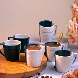 Storepedia White & Teal Handcrafted Textured Ceramic Glossy Cups Set of Cups and Mugs-17