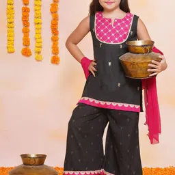 Bitiya by Bhama Girls Floral Embroidered Cotton Kurti with Sharara & Dupatta-image-17