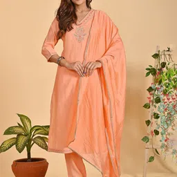 Anouk Women Ethnic Motifs Embroidered Pure Cotton Kurta with Trousers & With Dupatta-image-33