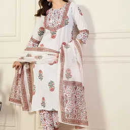 SRILICA Women Floral Printed Tie-Up Neck Straight Kurta with Trousers & Dupatta-15