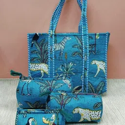Gulaab Jaipur Unisex Animal Printed Structured Cotton Tote Bag With 3 Pouches-7