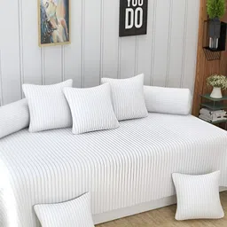 UrbanArts 8 Pcs White Striped Cotton 400 TC Diwan Set-56