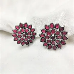 Yash Jewels Emporiums Silver-Plated Artificial Stones Studded Floral Shaped Oxidized Studs-image-30