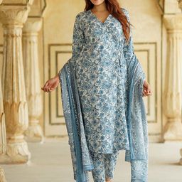 KALINI Women Floral Printed Angrakha Pure Cotton Kurta with Trousers & With Dupatta-picture-13