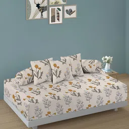 Aura Set Of 6 Cream & Grey Printed Floral TC Cotton Diwan Set-22