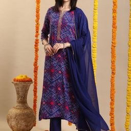 GoSriKi Bandhani Printed Straight Kurta With Trouser & Dupatta-image-15