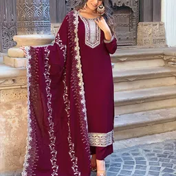 KALINI Floral Embroidered Yoke Design Straight Kurta With Trousers & Dupatta-image-13