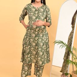 GOLDSTROMS Floral Printed Straight Pure Cotton Maternity Kurta With Trousers-image-90