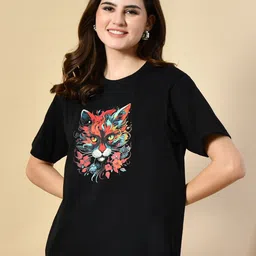 OYEEBRO Vibrant Artistic Cat Printed Round Neck Bio Finish Cotton T-shirt-image-17